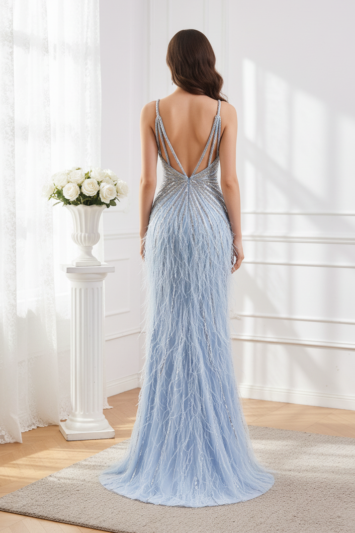 Sparkly V-Neck Backless Mermaid Prom Dress With Beaded And Feathers