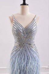 Sparkly V-Neck Backless Mermaid Prom Dress With Beaded And Feathers