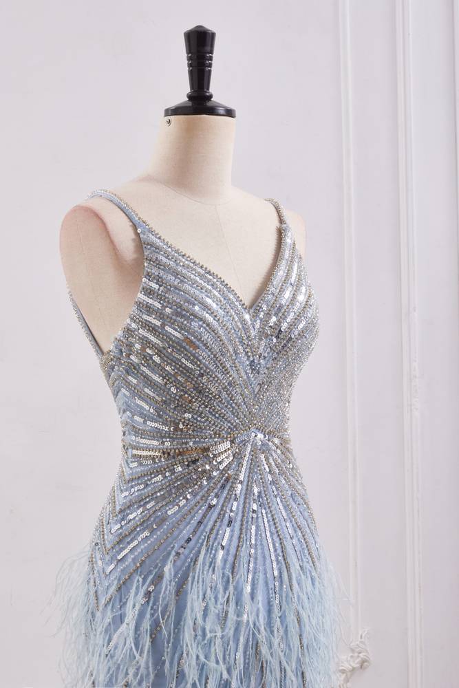 Sparkly V-Neck Backless Mermaid Prom Dress With Beaded And Feathers