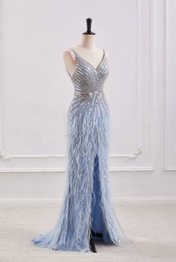 Sparkly V-Neck Backless Mermaid Prom Dress With Beaded And Feathers