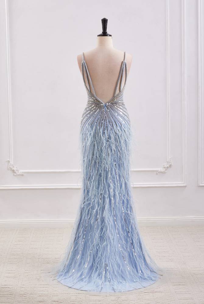 Sparkly V-Neck Backless Mermaid Prom Dress With Beaded And Feathers