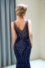 Sparkly V-Neck Sleeveless Fully Beaded Floor- Length Mermaid Prom Dress 