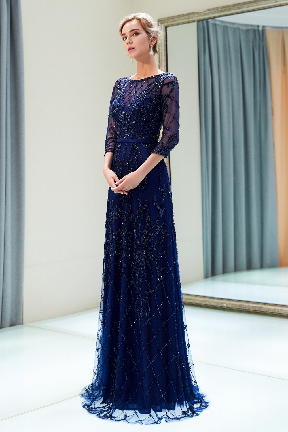 Special A-Line Scoop Quarter Sleeves Bead Embroidery Prom Dress