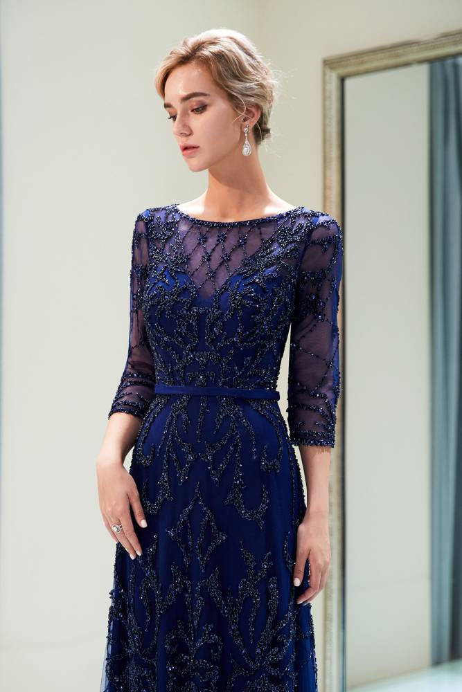 Special A-Line Scoop Quarter Sleeves Bead Embroidery Prom Dress