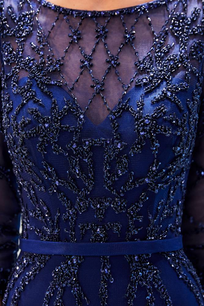 Special A-Line Scoop Quarter Sleeves Bead Embroidery Prom Dress