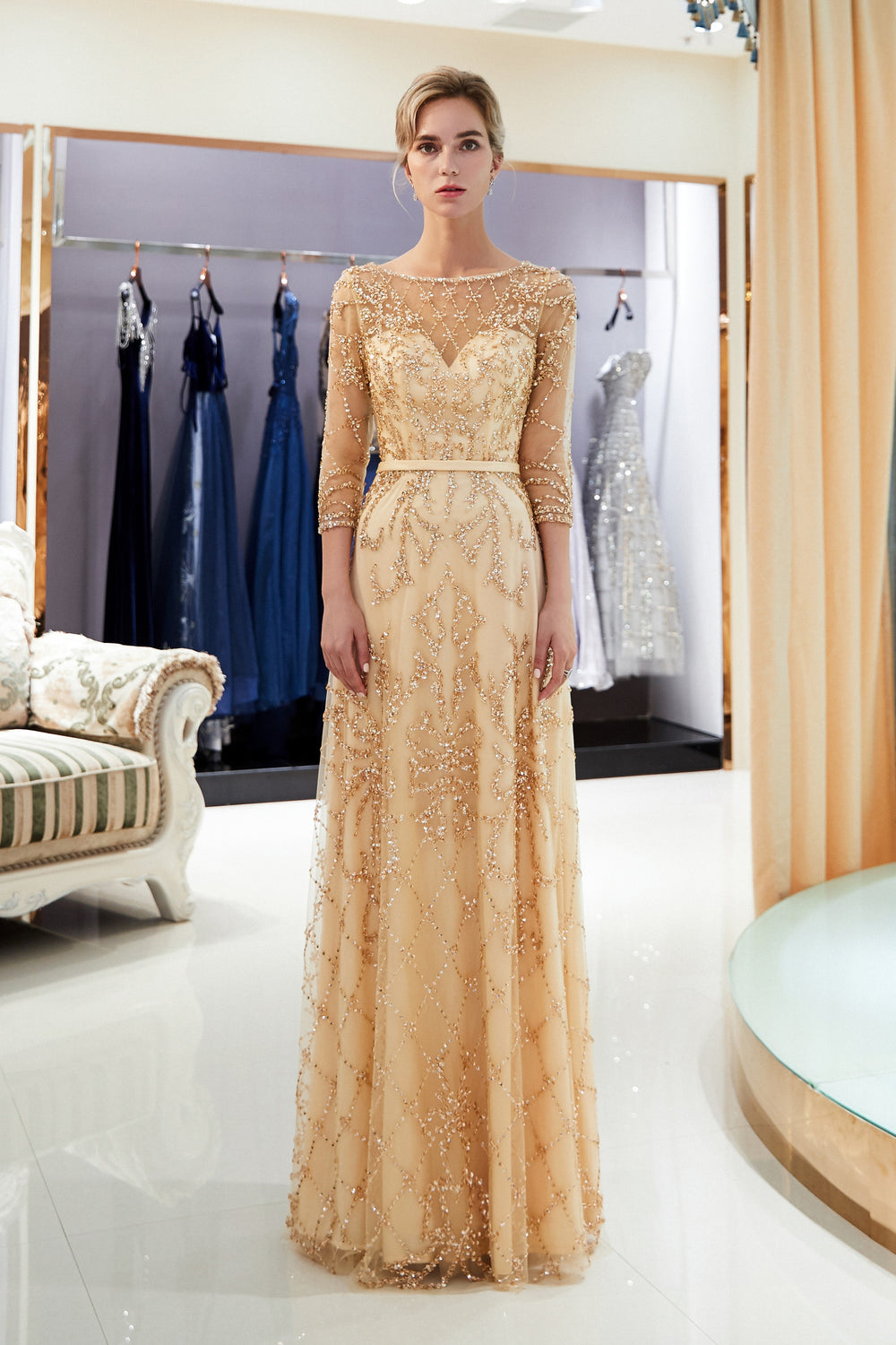 Special A-Line Scoop Quarter Sleeves Bead Embroidery Prom Dress