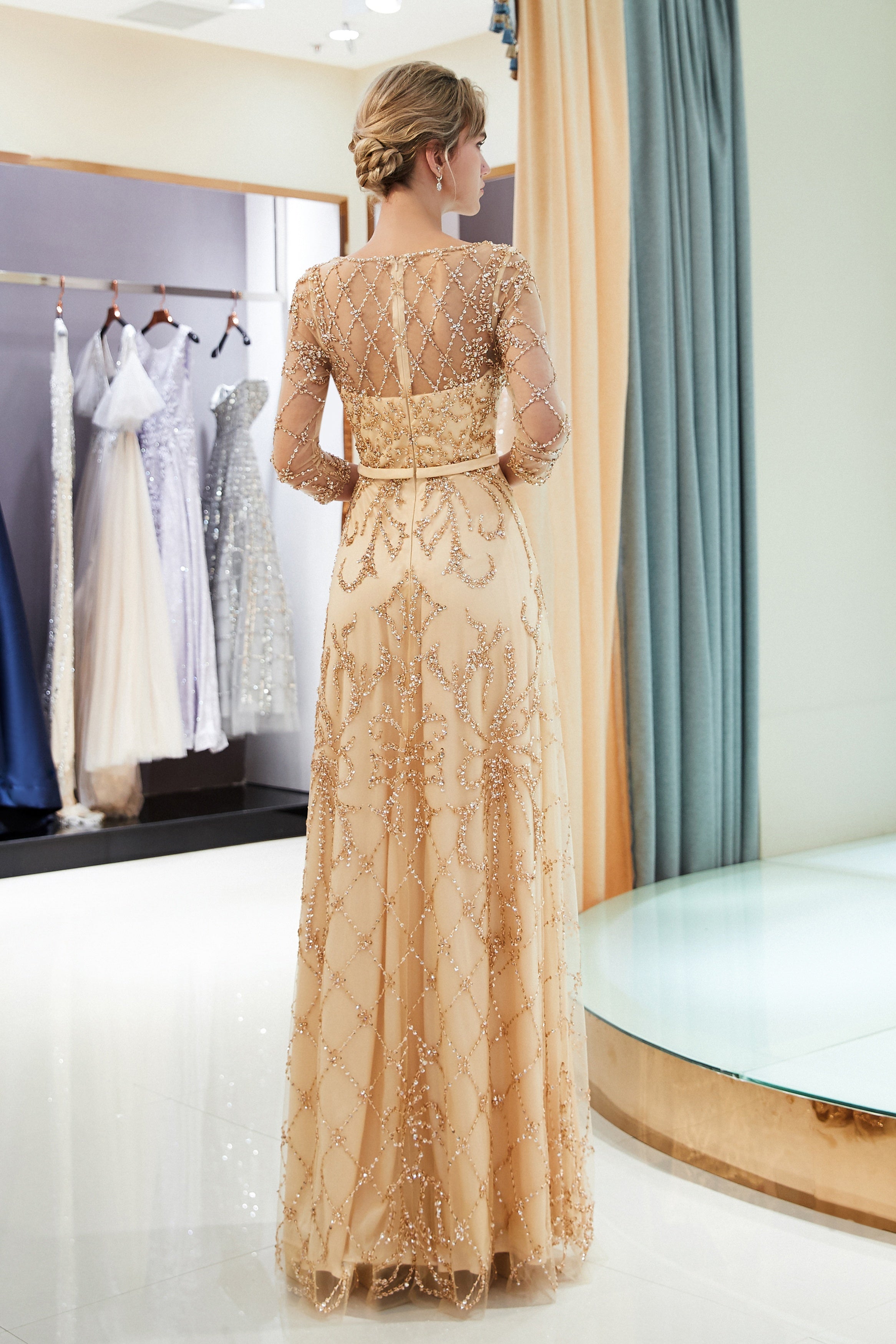 Special A-Line Scoop Quarter Sleeves Bead Embroidery Prom Dress