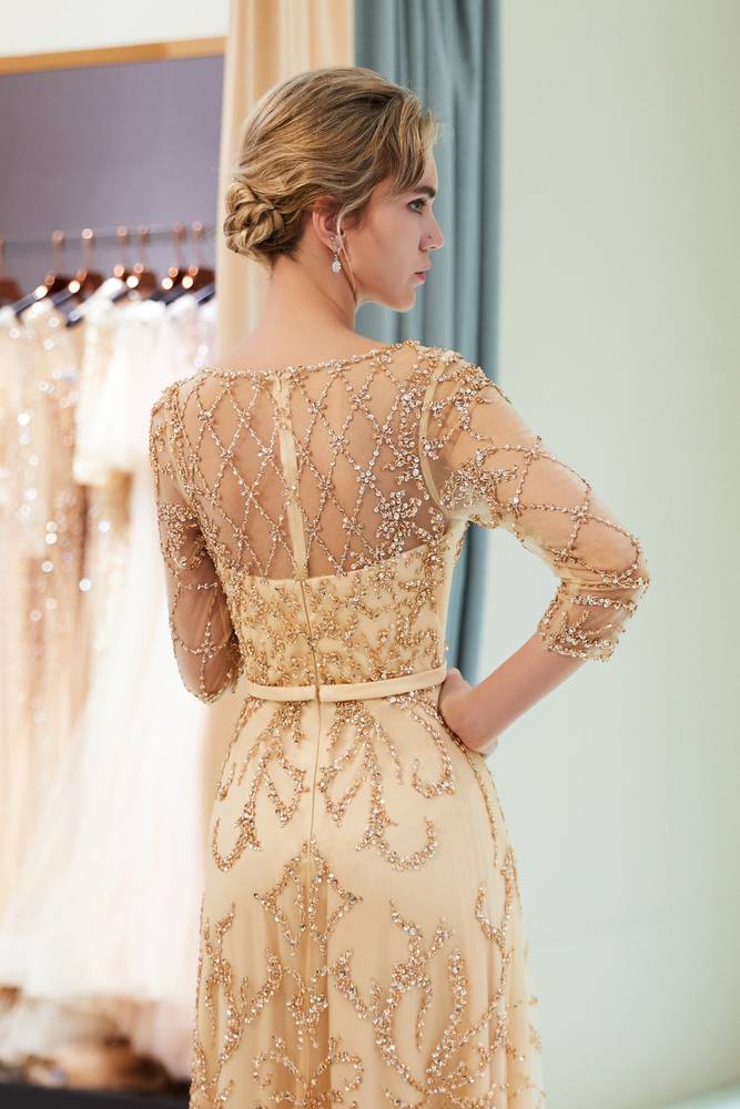 Special A-Line Scoop Quarter Sleeves Bead Embroidery Prom Dress