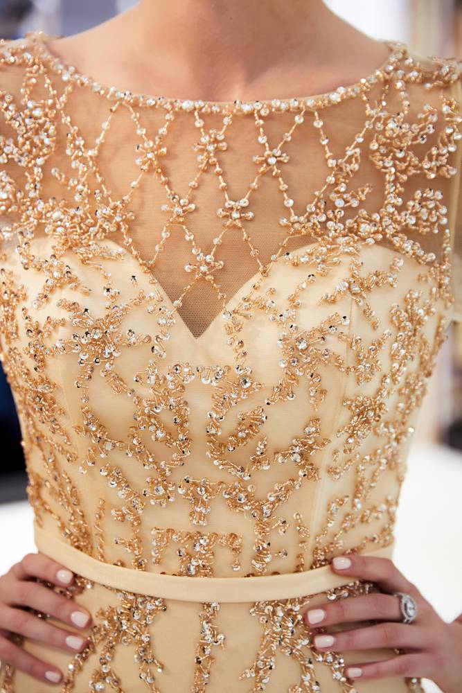 Special A-Line Scoop Quarter Sleeves Bead Embroidery Prom Dress