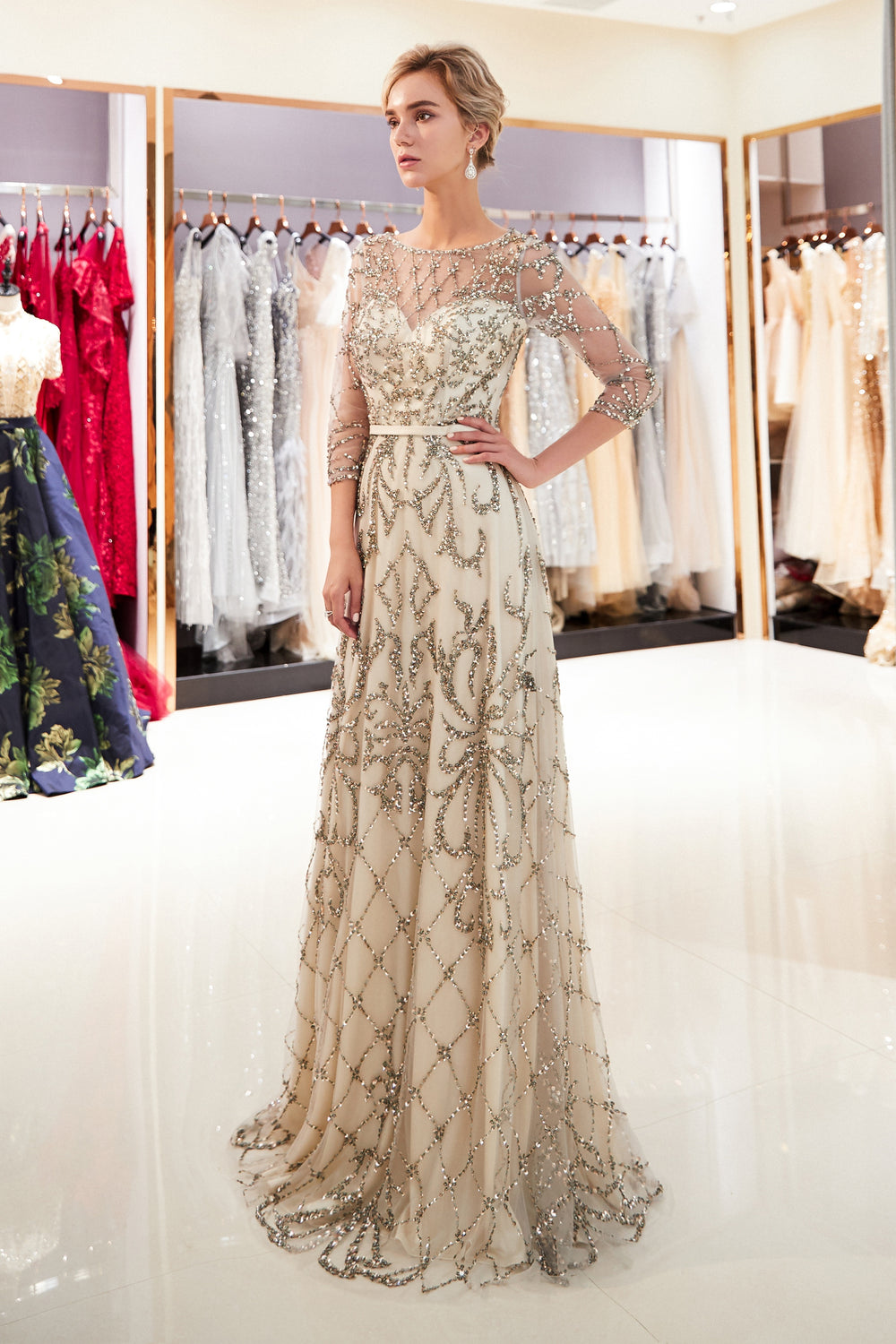 Special A-Line Scoop Quarter Sleeves Bead Embroidery Prom Dress