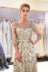 Special A-Line Scoop Quarter Sleeves Bead Embroidery Prom Dress