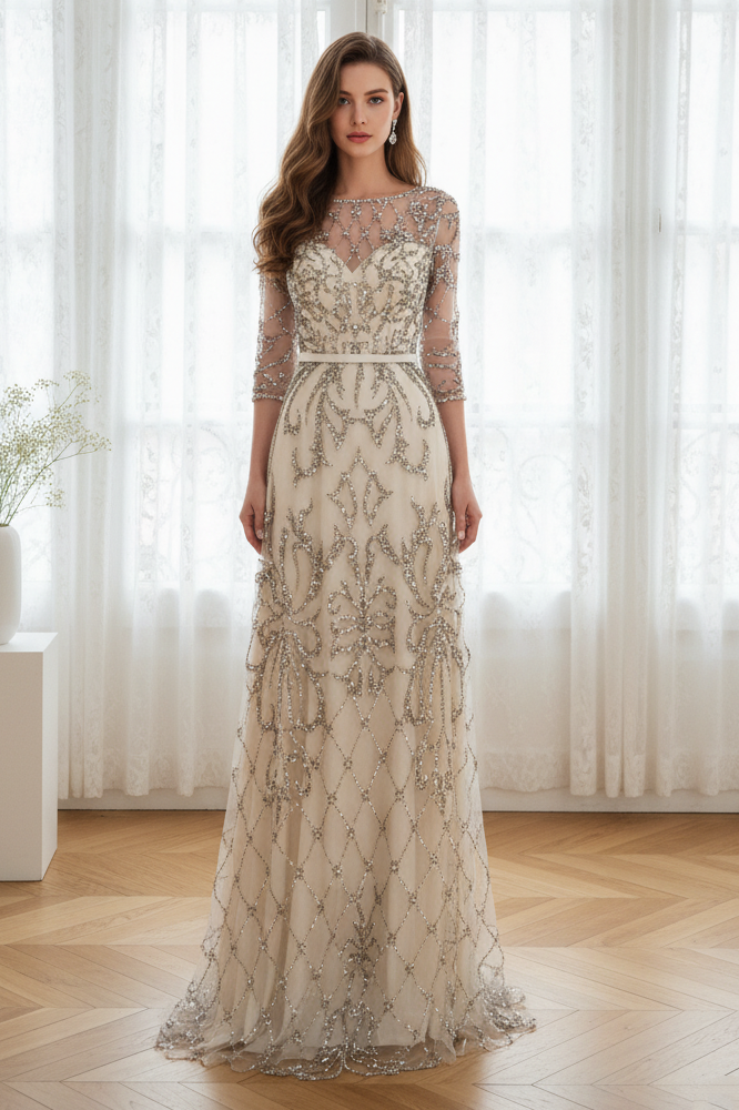 Special A-Line Scoop Quarter Sleeves Bead Embroidery Prom Dress