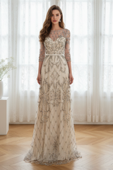 Special A-Line Scoop Quarter Sleeves Bead Embroidery Prom Dress