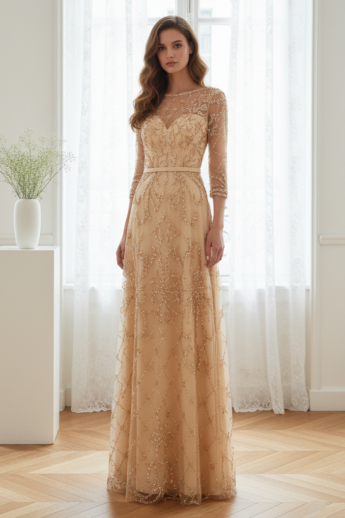 Special A-Line Scoop Quarter Sleeves Bead Embroidery Prom Dress