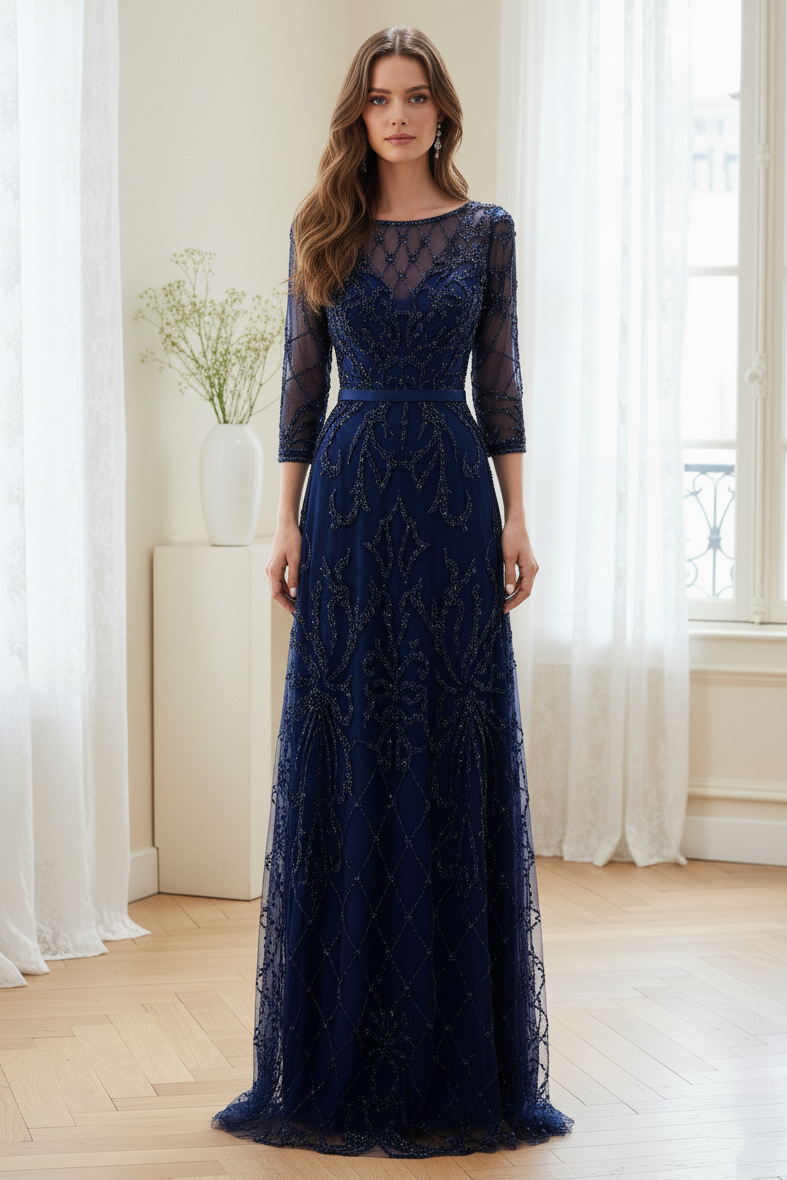 Special A-Line Scoop Quarter Sleeves Bead Embroidery Prom Dress