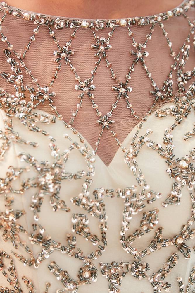 Special A-Line Scoop Quarter Sleeves Bead Embroidery Prom Dress