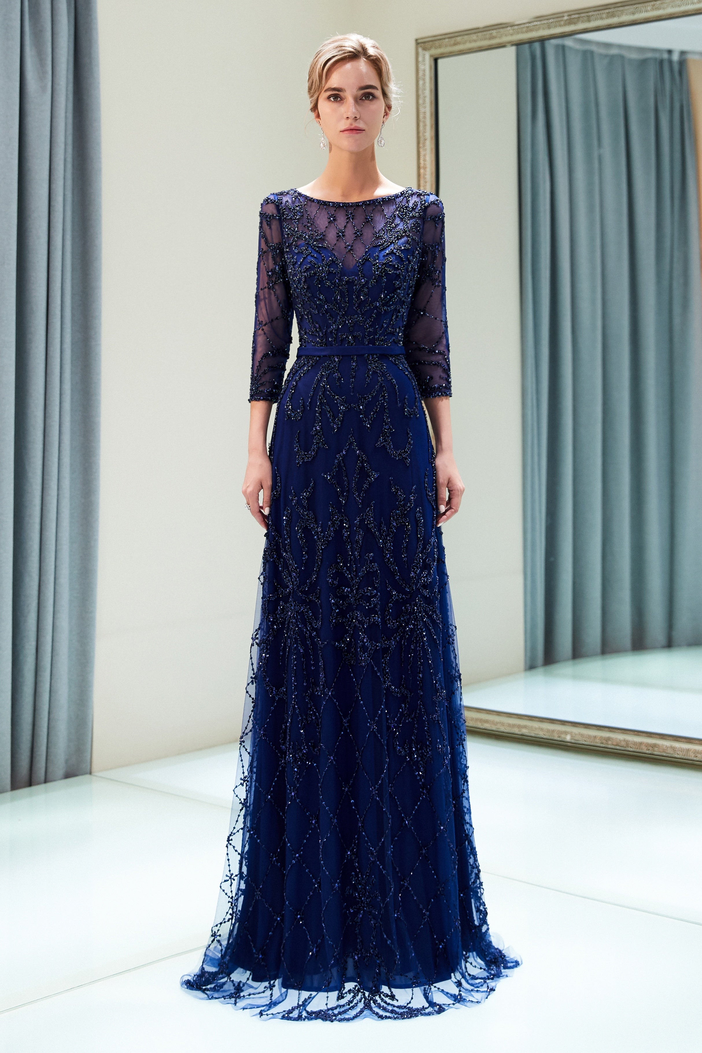 Special A-Line Scoop Quarter Sleeves Bead Embroidery Prom Dress