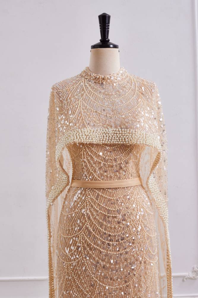 Square Trumpet Empire Beaded Prom Dress With Detachable Long Bolero