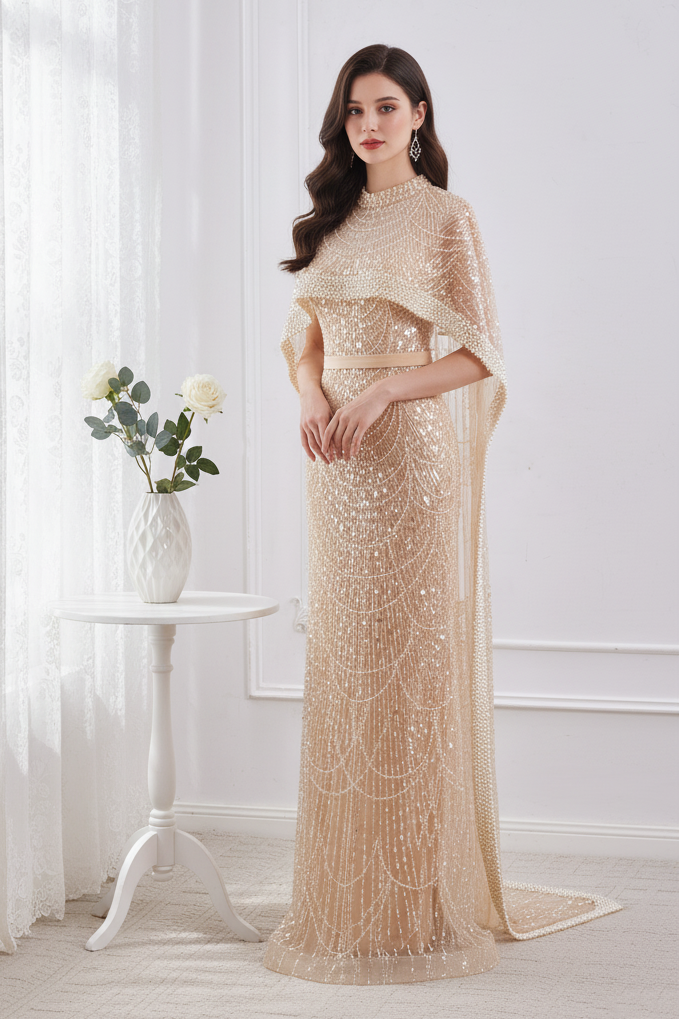 Square Trumpet Empire Beaded Prom Dress With Detachable Long Bolero