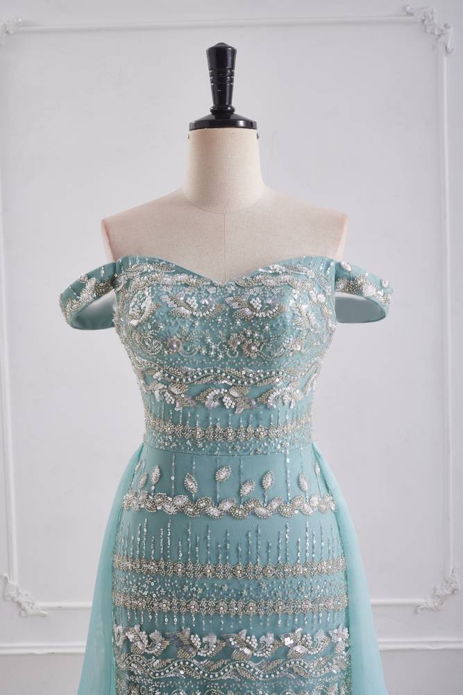 Sweetheart Off-Shoulder Beaded Mermaid Party Prom Dress With Train
