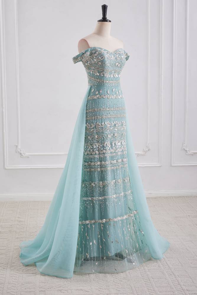Sweetheart Off-Shoulder Beaded Mermaid Party Prom Dress With Train