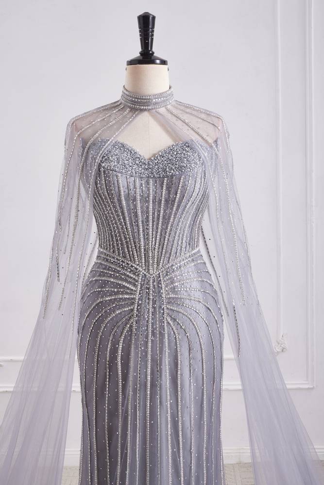 Sweetheart Tulle Beaded Empire Party Prom Dress With Detachable Shawl