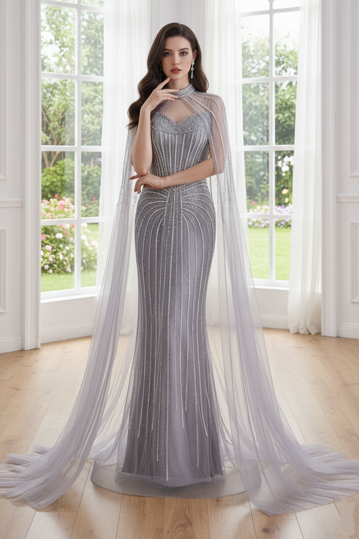 Sweetheart Tulle Beaded Empire Party Prom Dress With Detachable Shawl