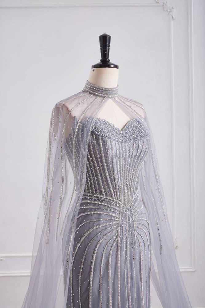 Sweetheart Tulle Beaded Empire Party Prom Dress With Detachable Shawl