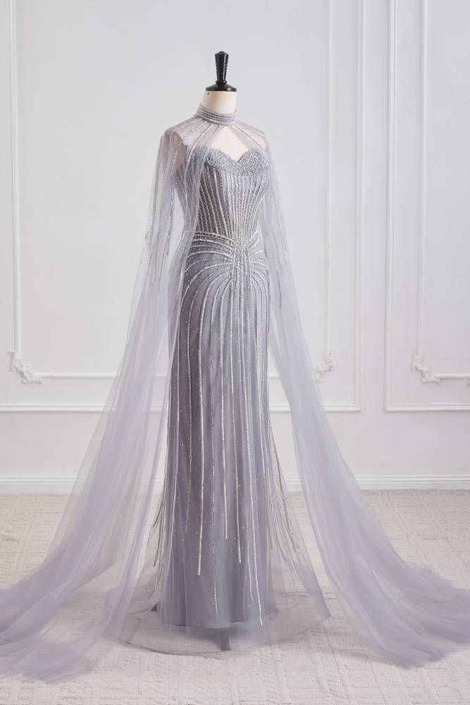 Sweetheart Tulle Beaded Empire Party Prom Dress With Detachable Shawl