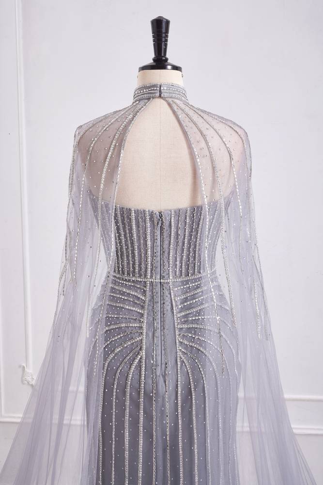 Sweetheart Tulle Beaded Empire Party Prom Dress With Detachable Shawl