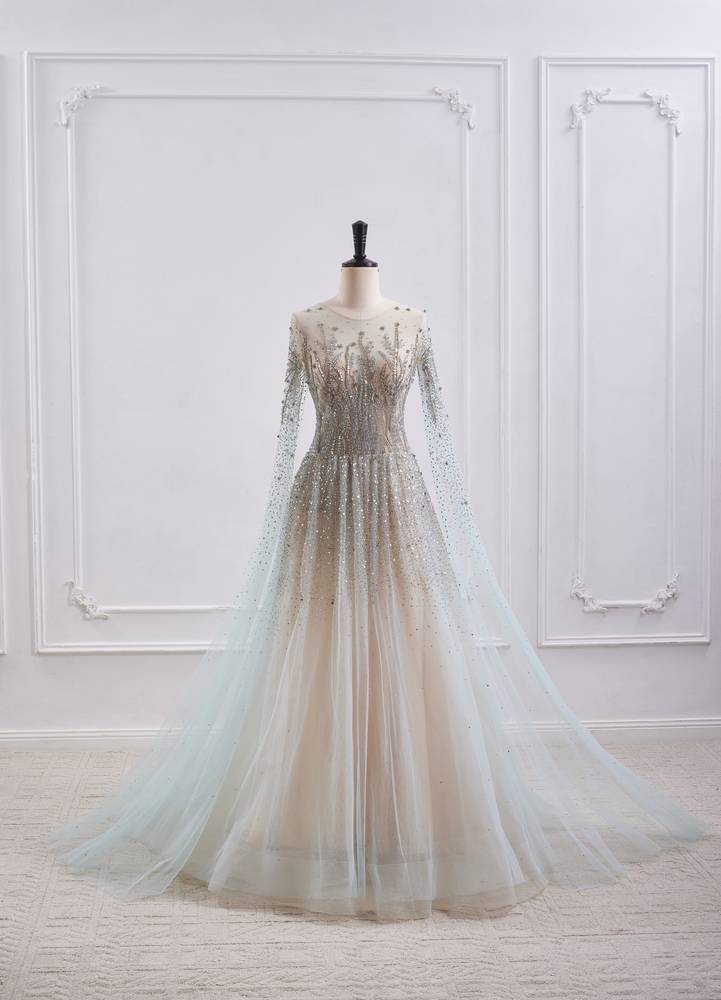 Tulle A-Line Round Long Sleeves Beaded Embellished Party Prom Dress