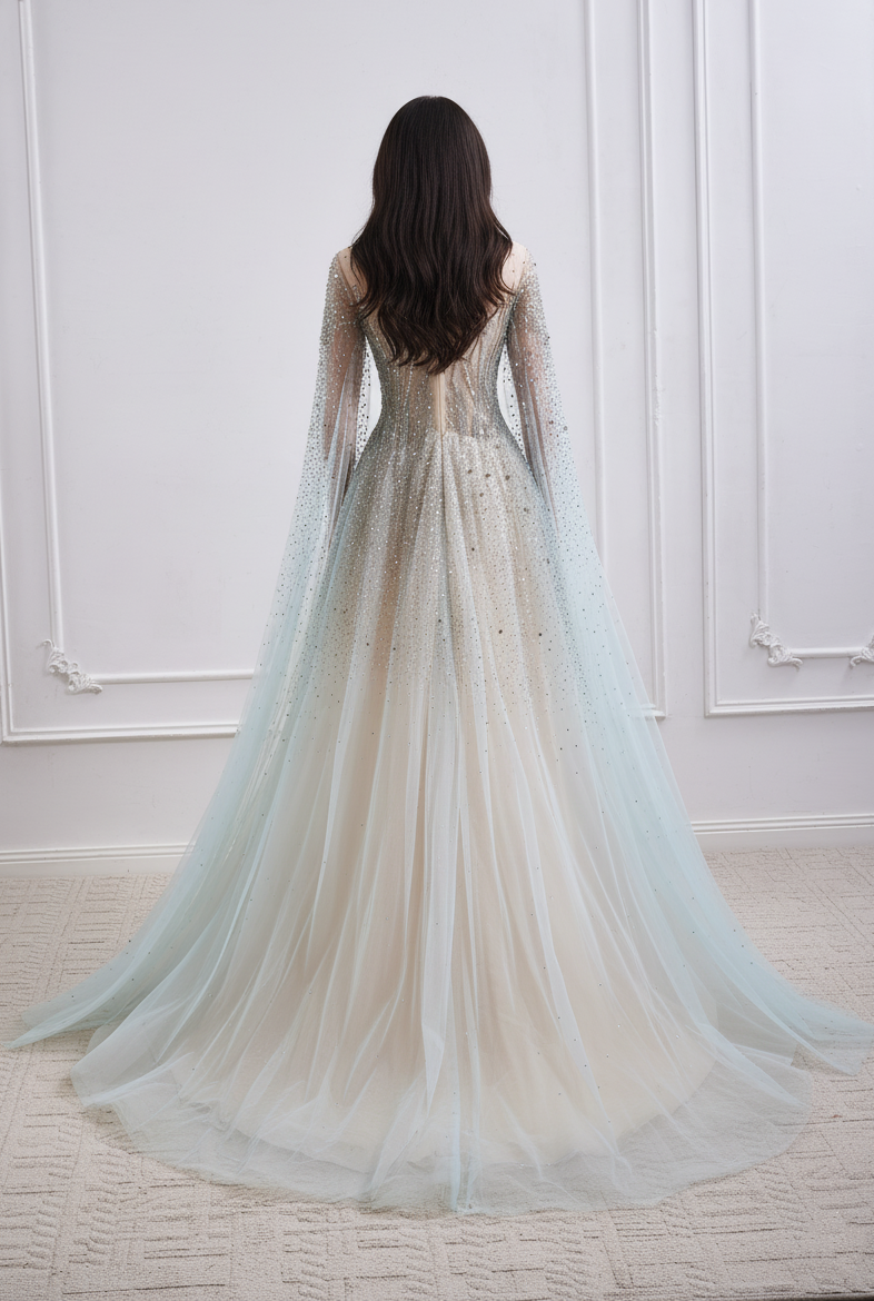 Tulle A-Line Round Long Sleeves Beaded Embellished Party Prom Dress