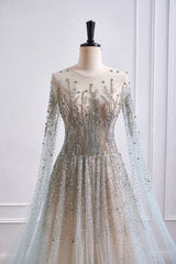 Tulle A-Line Round Long Sleeves Beaded Embellished Party Prom Dress