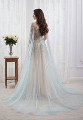 Tulle A-Line Round Long Sleeves Beaded Embellished Party Prom Dress