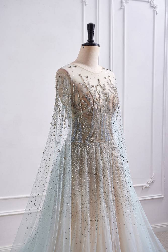 Tulle A-Line Round Long Sleeves Beaded Embellished Party Prom Dress