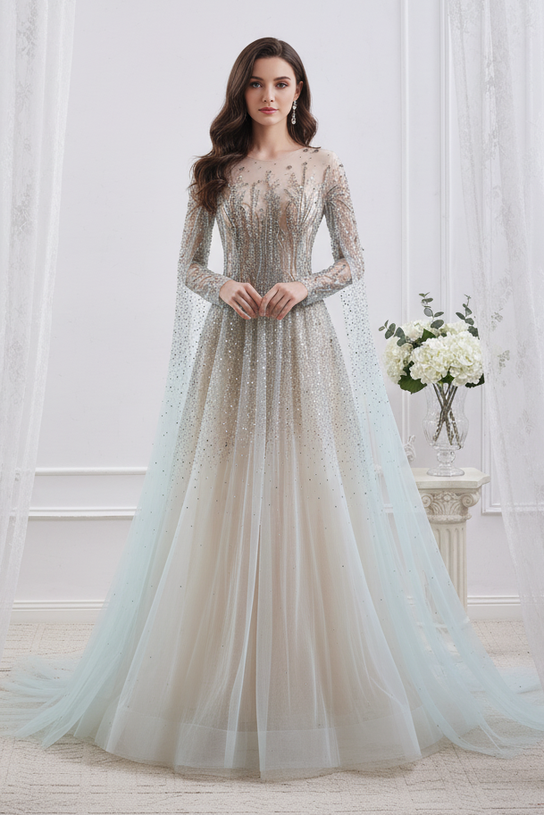 Tulle A-Line Round Long Sleeves Beaded Embellished Party Prom Dress