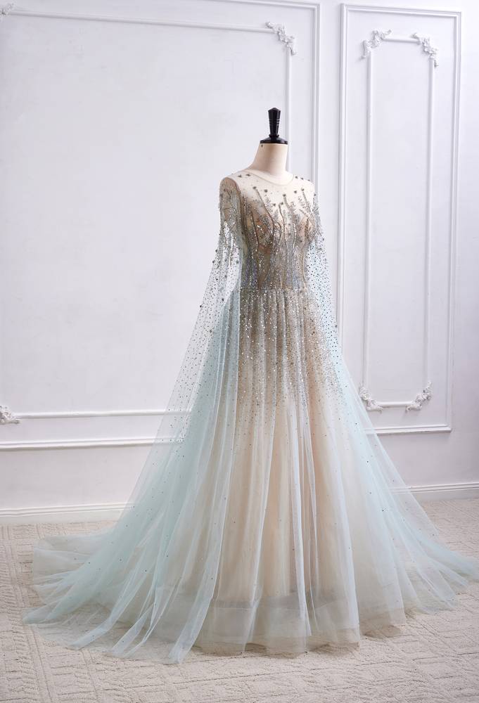 Tulle A-Line Round Long Sleeves Beaded Embellished Party Prom Dress
