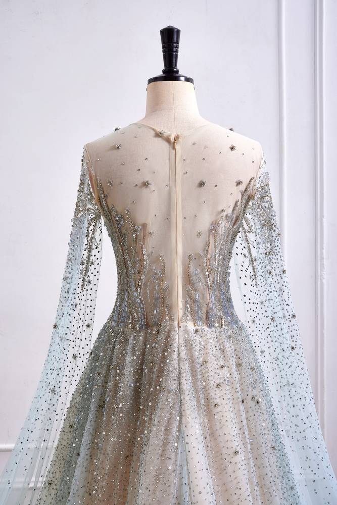 Tulle A-Line Round Long Sleeves Beaded Embellished Party Prom Dress