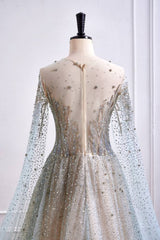 Tulle A-Line Round Long Sleeves Beaded Embellished Party Prom Dress