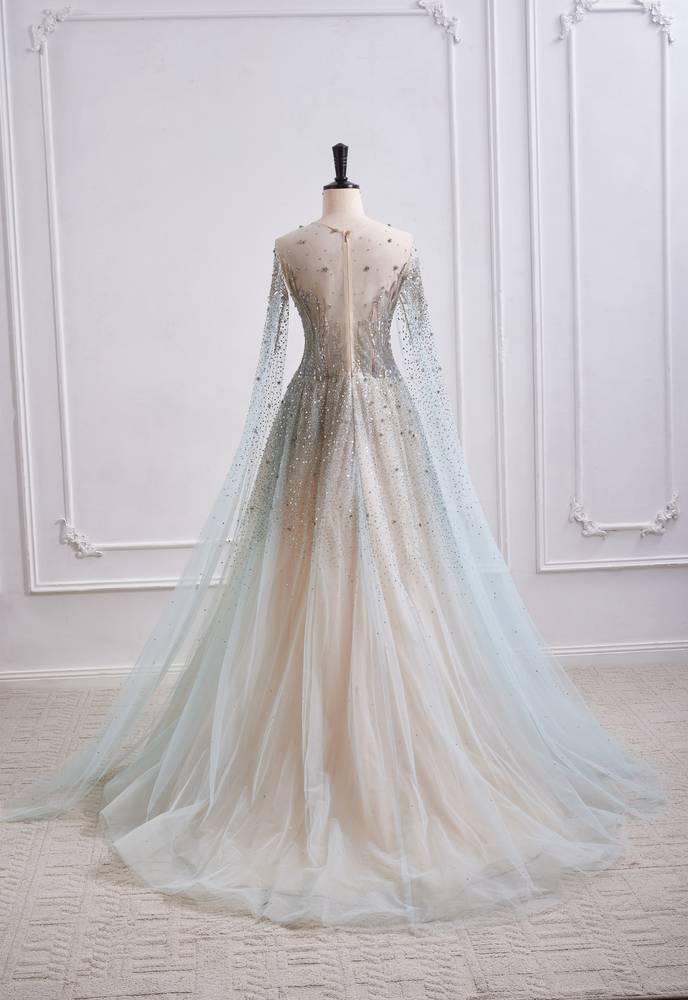 Tulle A-Line Round Long Sleeves Beaded Embellished Party Prom Dress