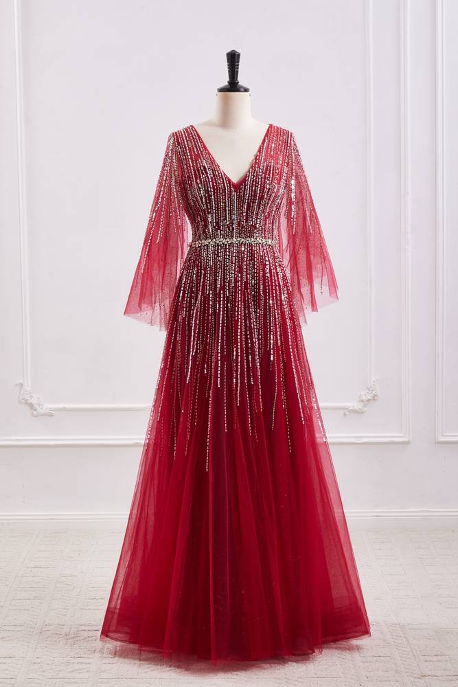 Tulle A-Line V-Neck Empire Beaded Embellished Floor-Length Party Prom Dress