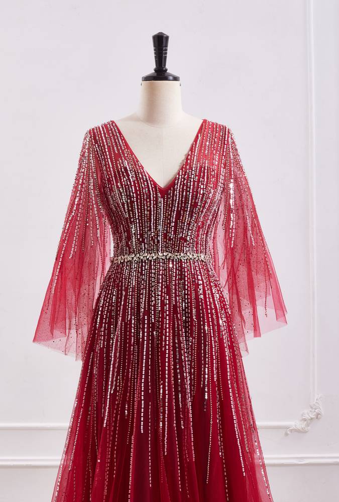 Tulle A-Line V-Neck Empire Beaded Embellished Floor-Length Party Prom Dress