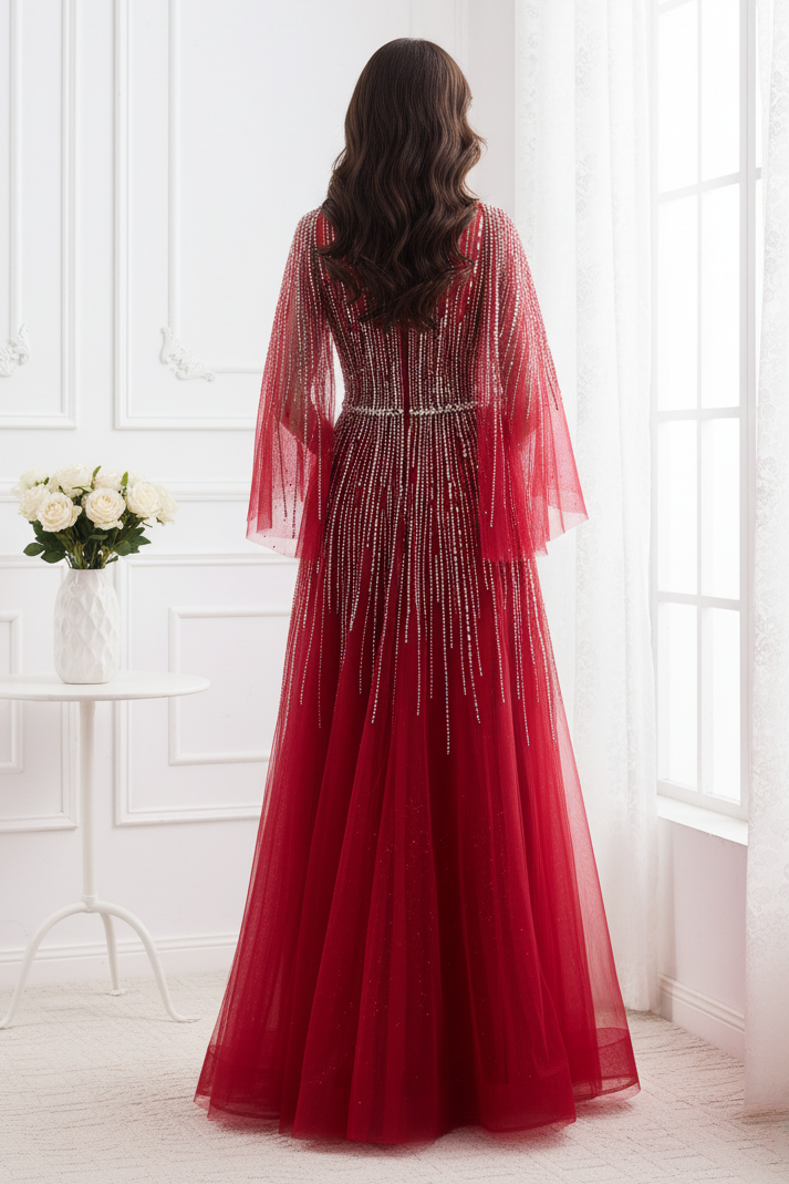 Tulle A-Line V-Neck Empire Beaded Embellished Floor-Length Party Prom Dress