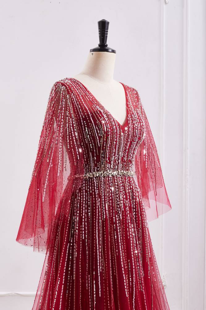 Tulle A-Line V-Neck Empire Beaded Embellished Floor-Length Party Prom Dress