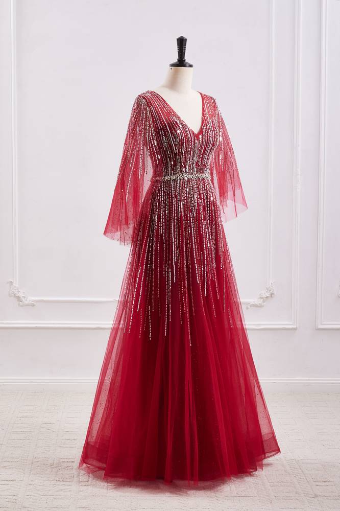 Tulle A-Line V-Neck Empire Beaded Embellished Floor-Length Party Prom Dress