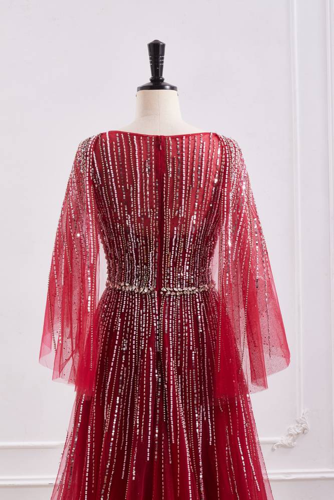 Tulle A-Line V-Neck Empire Beaded Embellished Floor-Length Party Prom Dress