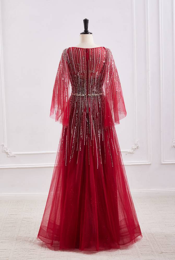 Tulle A-Line V-Neck Empire Beaded Embellished Floor-Length Party Prom Dress