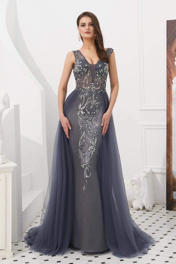 V-Neck Backless Beaded Appliques Formal Prom Dress With Train