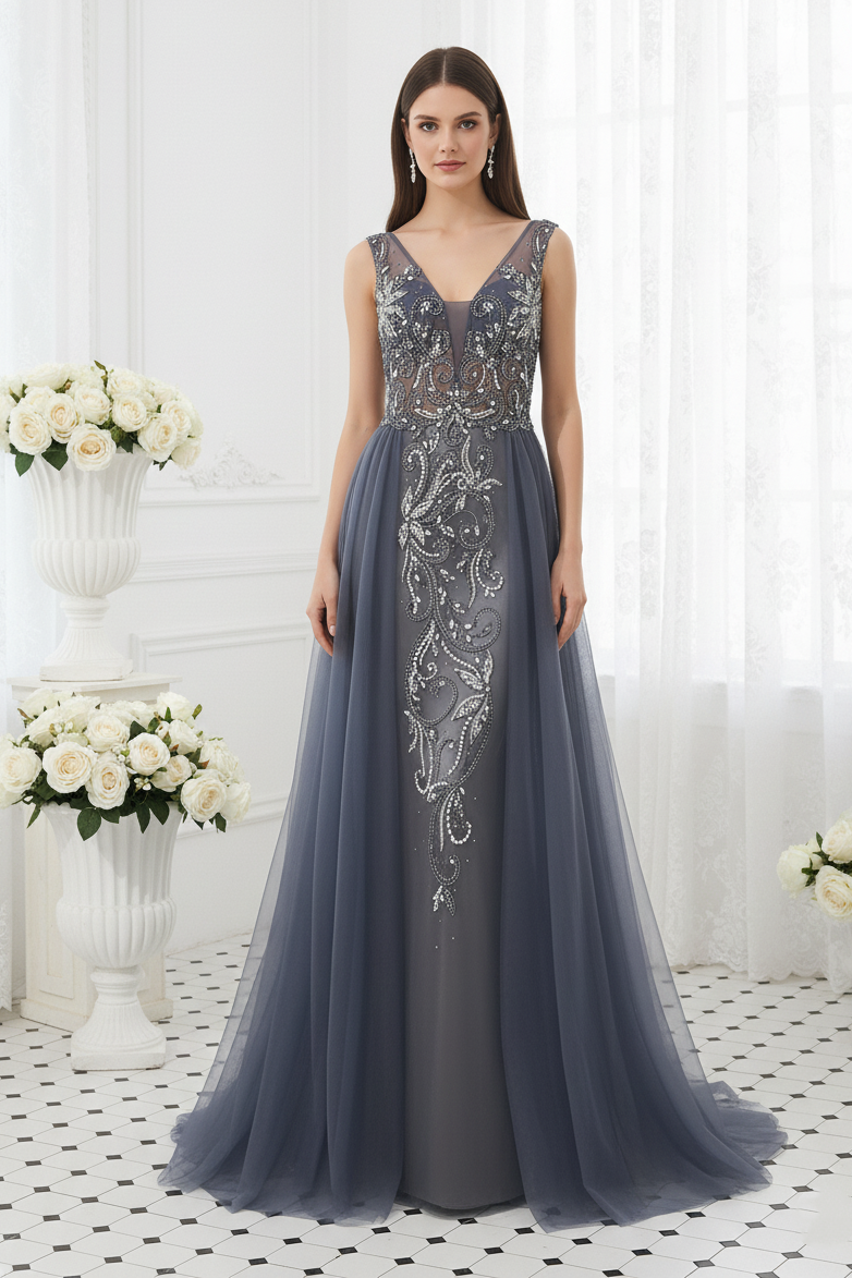 V-Neck Backless Beaded Appliques Formal Prom Dress With Train