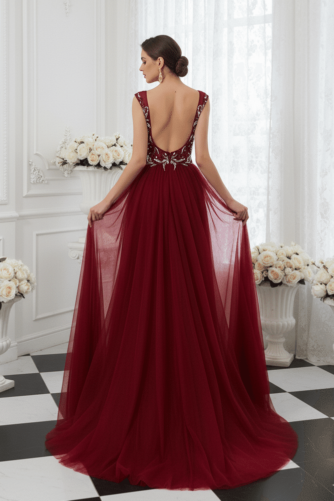 V-Neck Backless Beaded Appliques Formal Prom Dress With Train